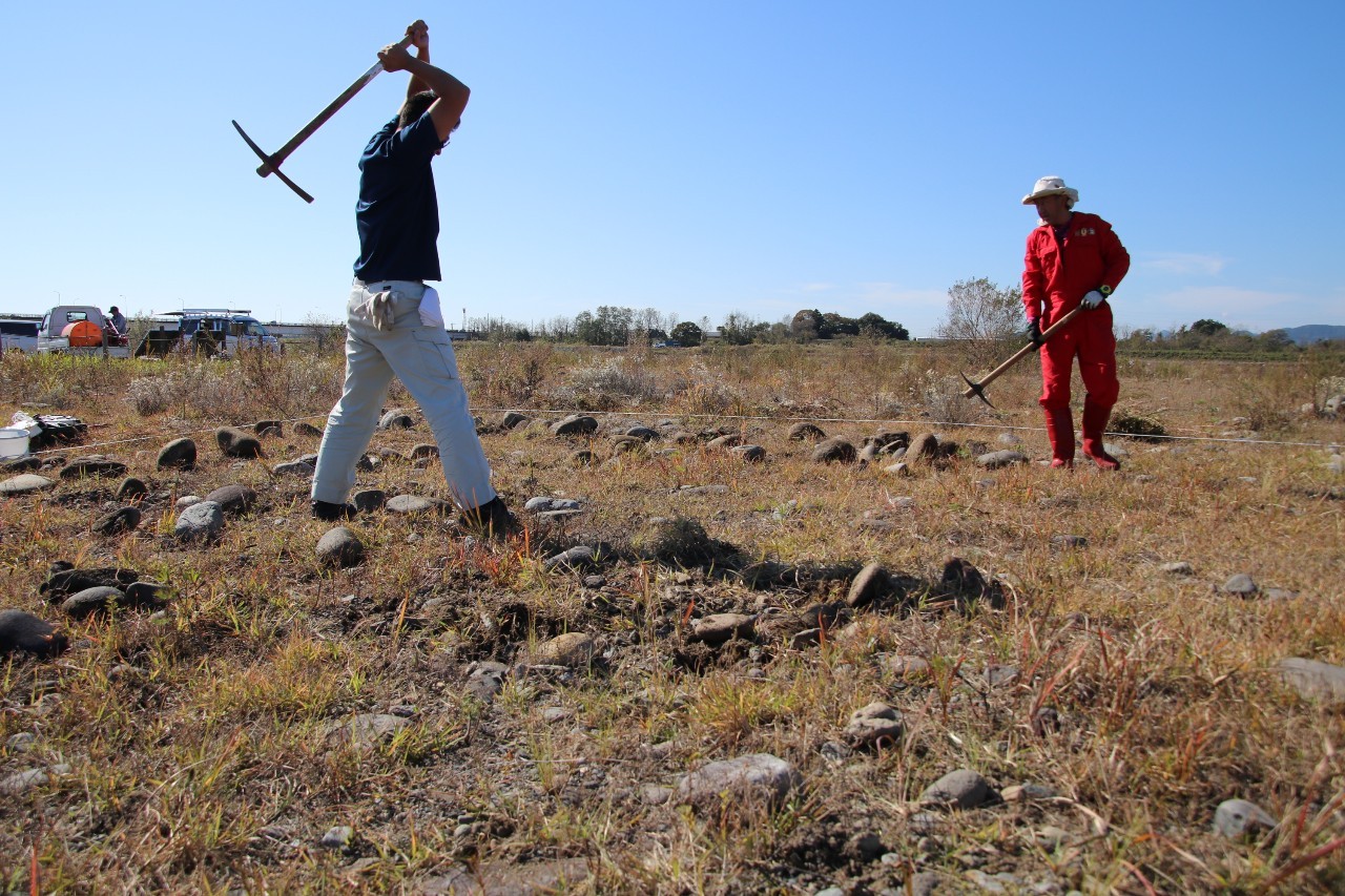 ツルハシで沈み石を掘り起こす